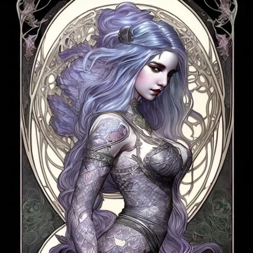 Prompt: beautiful fantasy dragon woman
, tattooed, long flowing luminescent white hair, battle garb,  art nouveau style