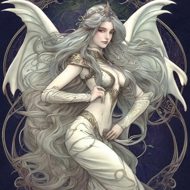 Prompt: beautiful fantasy dragon woman, long flowing white hair, wings, battle garb,  art nouveau style