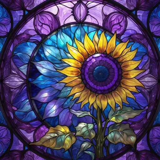 Prompt: transparent stained glass, sunflowers, shades of purple and blue, extreme detail, 4k, ultra hd, fantasy art, fractal art, digital painting, radiant, hyper-detailed, colorful