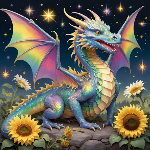 Prompt: an iridescent dragon who hoards frogs  and sunflowers under a pale starry night sky filled with rainbows and stars and magical angel orbs