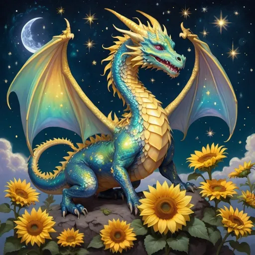 Prompt: an iridescent dragon who hoards tiny sunflowers under a pale starry night sky filled with clouds and stars and magical angel orbs