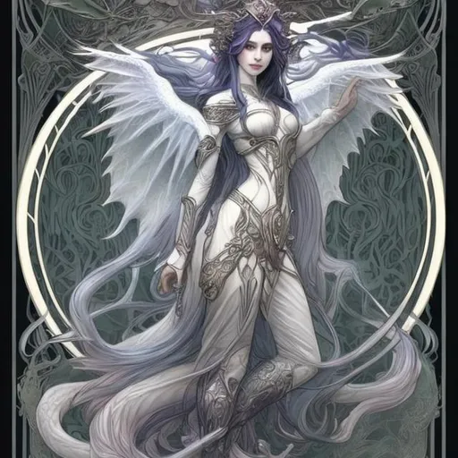 Prompt: beautiful fantasy dragon woman, long flowing white hair, wings, battle garb,  art nouveau style