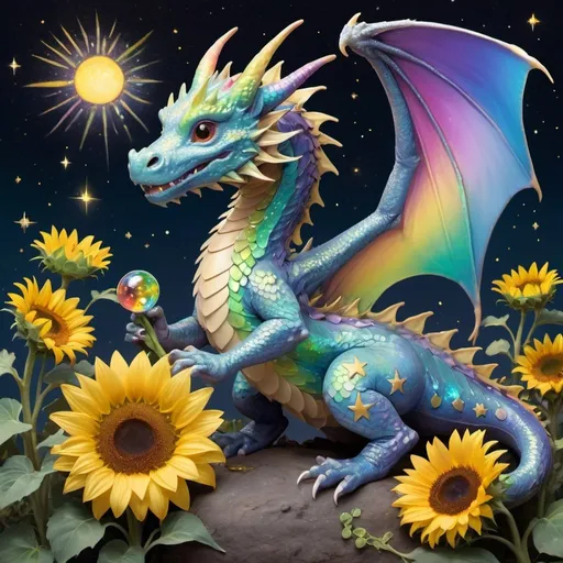 Prompt: an iridescent dragon who hoards tiny frogs and sunflowers under a pale starry night sky filled with rainbows and stars and magical angel orbs