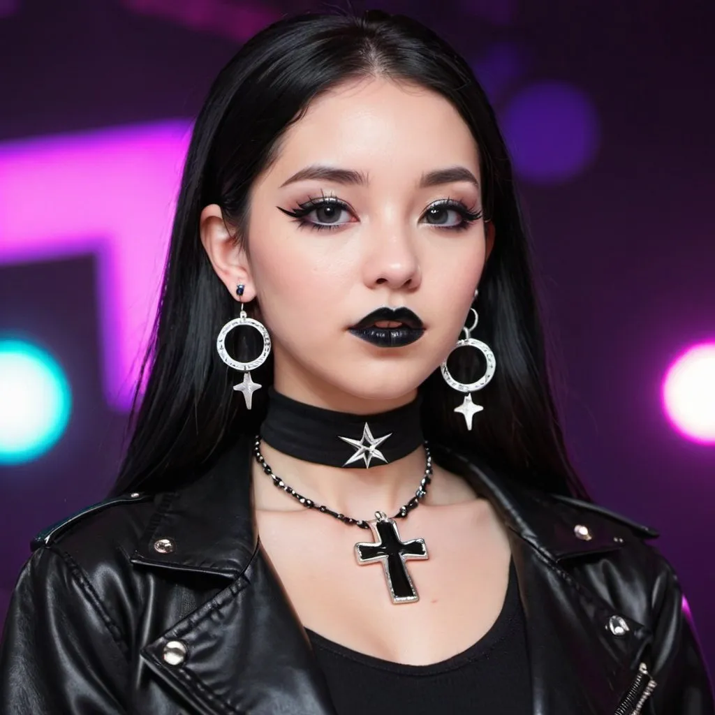 Prompt: 2020s, women, black choker, black eyes, black hair, blurry, blurry background, disco, party, choker, cross, black earrings, depth of concert hall, black earrings, black eyeshadow, black lights, jacket, jewelry, k/da \(league of legends\), lips, black lipstick, long black hair, looking at viewer, makeup, tv screens, photo \(medium\), piercing, solo, star \(symbol\), black star earrings, star print