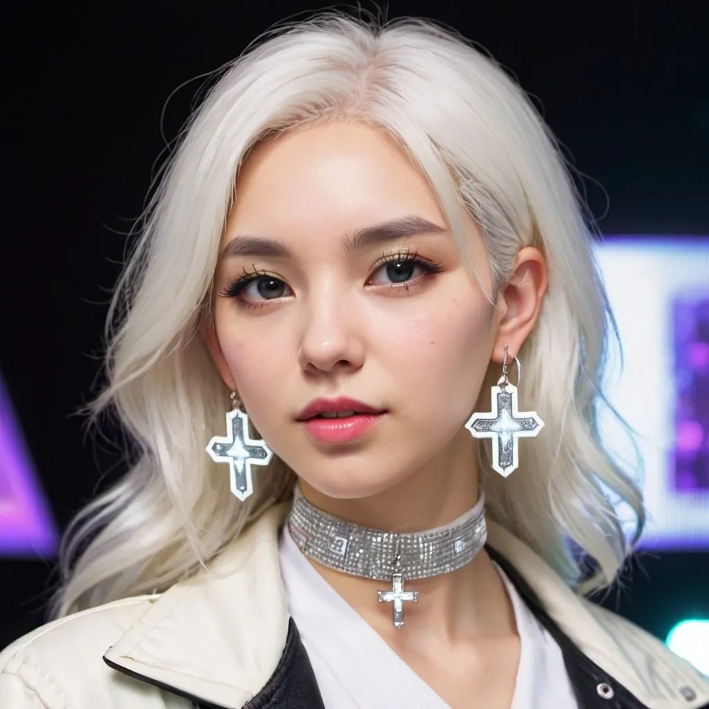 Prompt: 2020s, women, white choker, white eyes, white hair, blurry, blurry background, disco, party, choker, cross, white earrings, depth of concert hall, white earrings, white eyeshadow, white lights, jacket, jewelry, k/da \(league of legends\), lips, white lipstick, long white hair, looking at viewer, makeup, tv screens, photo \(medium\), piercing, solo, star \(symbol\), white star earrings, star print