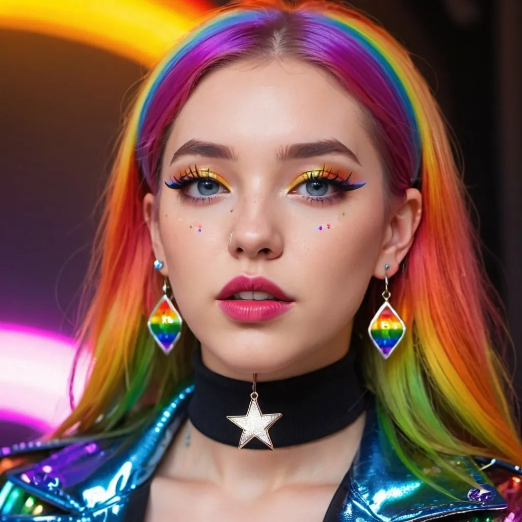 Prompt: 2020s, women, rainbow choker, rainbow eyes, rainbow hair, blurry, blurry background, disco, party, choker, cross, rainbow earrings, depth of concert hall, rainbow earrings, rainbow eyeshadow, rainbow lights, jacket, jewelry, k/da \(league of legends\), lips, rainbow lipstick, long orange hair, looking at viewer, makeup, tv screens, photo \(medium\), piercing, solo, star \(symbol\), rainbow star earrings, star print