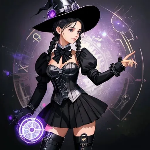 Prompt: SFW, Futuristic and Classic Steampunk, Adorable, One Young Woman In Picture, purple Capelette, Full Lips, Detailed Face, Young Cute Maiden Looking, Gears On Body, Two Hands and Two Arms, Perfect Composition Hands, Steampunk Victorian Retro Futuristic Witch, Cute Iron Witch Hat, Technical Witch, Interesting Powerful Technical Iron Robotic Exosuit, Steampunk Looking Costume, Regular Arms, Steampunk Witch, Witch Hat, Cute Action Gesture, silver Eyes, She Should Have Interesting silver French Braids, Full Lips, Detailed Face, Lovely Looking, Grown Adult Woman Looking, 20 Years Old, Regular Pose, Same Composition, Strong Grown Body, Very Beautiful, Stunning, Wearing a Steampunk Looking Black and Silver Colored Witch Outfit, Technical Metallic Victorian Steampunk Exosuit Outfit, Wearing a Black and Silver Steampunk Jumpsuit, purple Colored Victorian Mechanical Jumpsuit, Some purple On Outfit, Some Armor On Outfit, mid thigh skirt On Legs, Standing Still, SFW Body, sipver Hair Only, Large Gaiter, size D Chest, Victorian Inspired, Cute Animation Style, 2D Animation, Bowtie On Outfit, Perfect Composition Eyes, Cute Face, Cute Smile, OliFantasy, Black Hair and Brown Eyes Only, Hispanic, black Colored Clothes, French Braided Pigtails, Some silver On Outfit, fantasy background, Soulful, Adorable, Long Witch Hat, Minimalistic, Profile Picture, Brightened Picture, Higher Quality, Perfect Composition, Smaller Legs, Grown Body, Cute Animation Style, Athletic Legs, Black and Silver knee-high Boots, SFW Body, Strong Body, Thick Thighs,