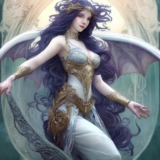 Prompt: beautiful fantasy dragon woman, long flowing bright white hair, wings, battle garb,  art nouveau style