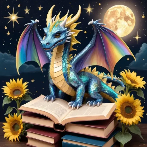 Prompt: an iridescent dragon who hoards books and sunflowers under a starry night sky filled with rainbows and stars and magical angel orbs
