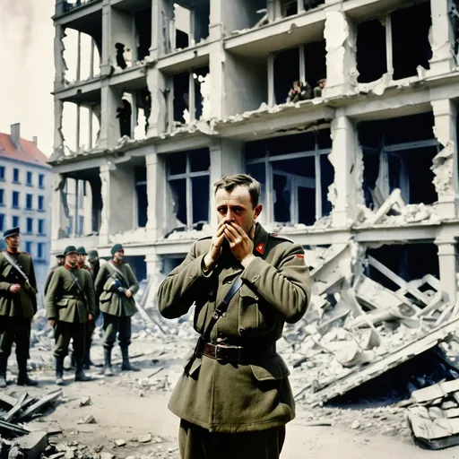 Prompt: a man is standing in front of a destroyed building with his hands in his mouth and a group of soldiers in the background, Béni Ferenczy, antipodeans, war in colour background 