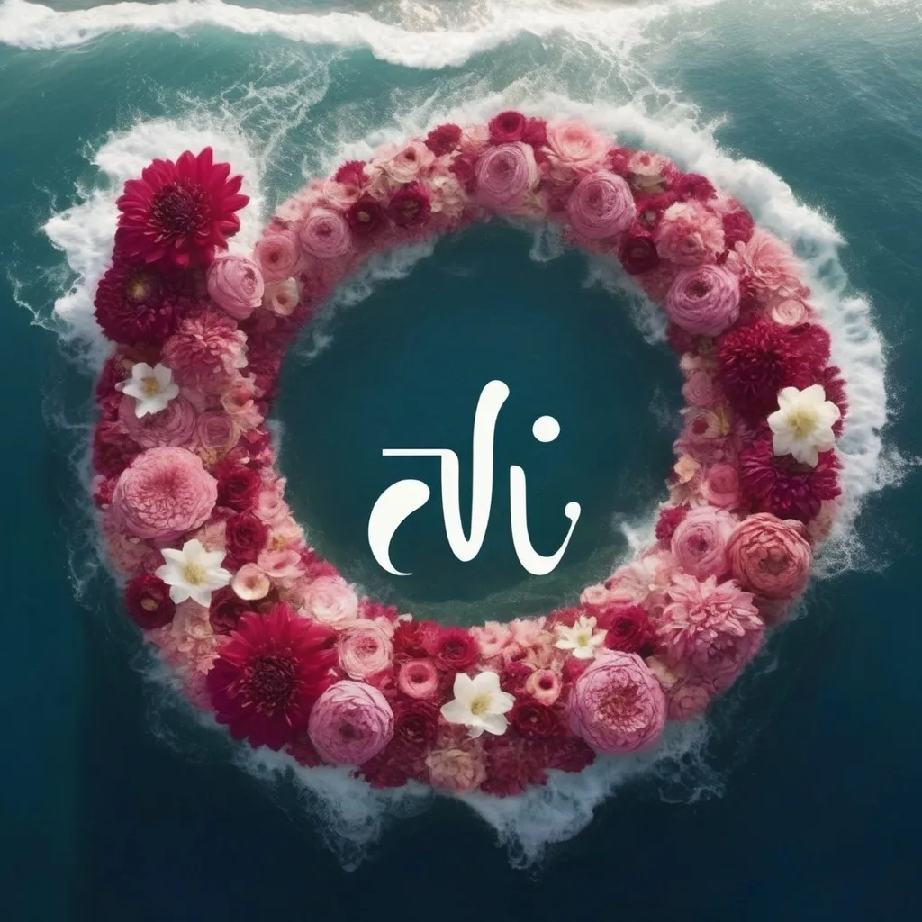 Prompt: Make a flower in the midlle of the ocean and put this text "ليلى" as a wave