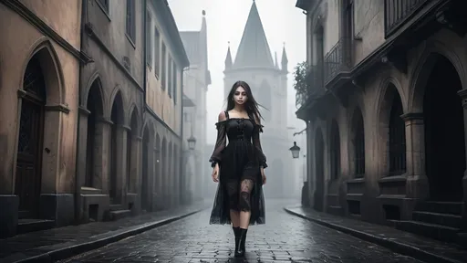 Prompt: Photo of beauty girl walking in the streets of a gothic city, minimal foggy atmosphere, moisture environment, sharp and crisp picture details capturing all surface textures in high details, dark themed, cinematic --style raw --v 5.1