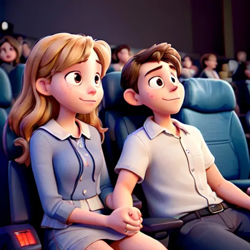 Prompt: A couple sitting in a movie theatre in two seats holding their hands, dimly lit