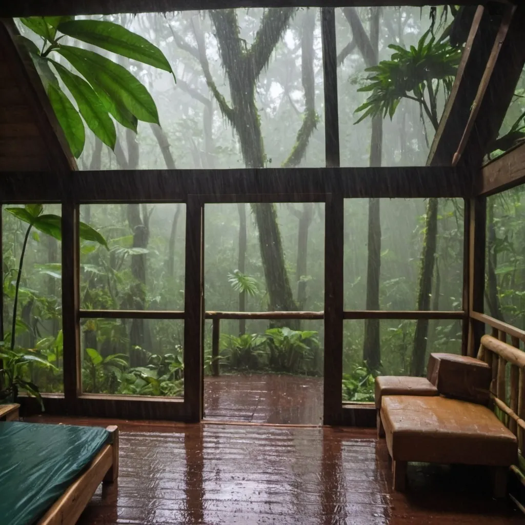 Prompt: inside of cabin in rainforest while raining

