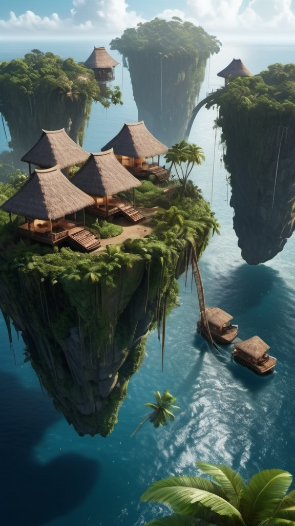 Prompt: 3 floating islands with African huts village, lush forest, waterfalls cascading into the sea, intricate landscapes below, against a vast sky, bridges linking the islands, (perfect face), realistic lighting, intricate details, cinematic lighting, high quality, ultra-detailed, 8K.