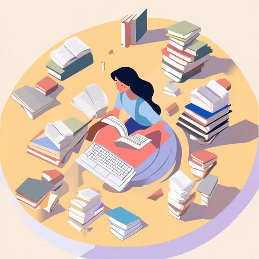 Prompt: a female character pulling books out of a computer screen, a pile of books spread out in a circular pattern nearby, 