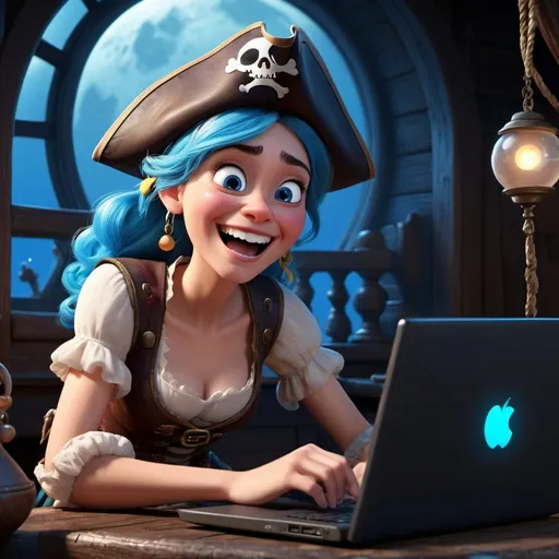 Prompt: Disney pixar character, 3d render style, old pirate evil laugh, cinematic colors, girl, blue eye, laptop, moon,window,flowet