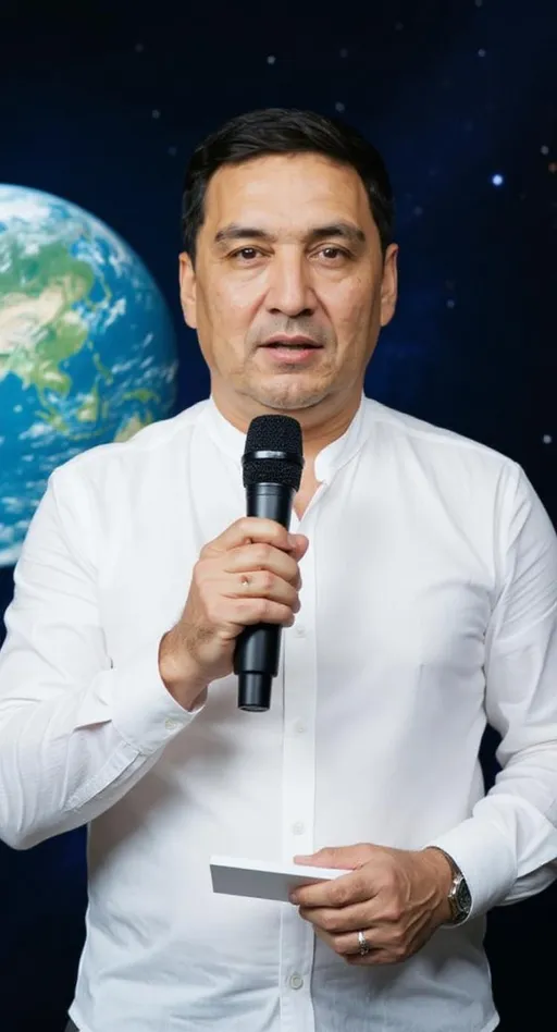 Prompt: "Kazakh male journalist with this exact face reporting from space. He is holding a microphone, wearing a light futuristic shirt that resembles a traditional white Kazakh shirt. The Earth is visible in the background, with stars and the dark space around. Calm, confident expression, like during a live broadcast."