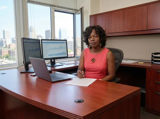 Prompt: The woman is sitting behind the desk of corner executive office with a serious look on her face. She has a laptop and two monitors on her desk. The desk is made of cherry wood. There is an open window looking out over the city skyline 