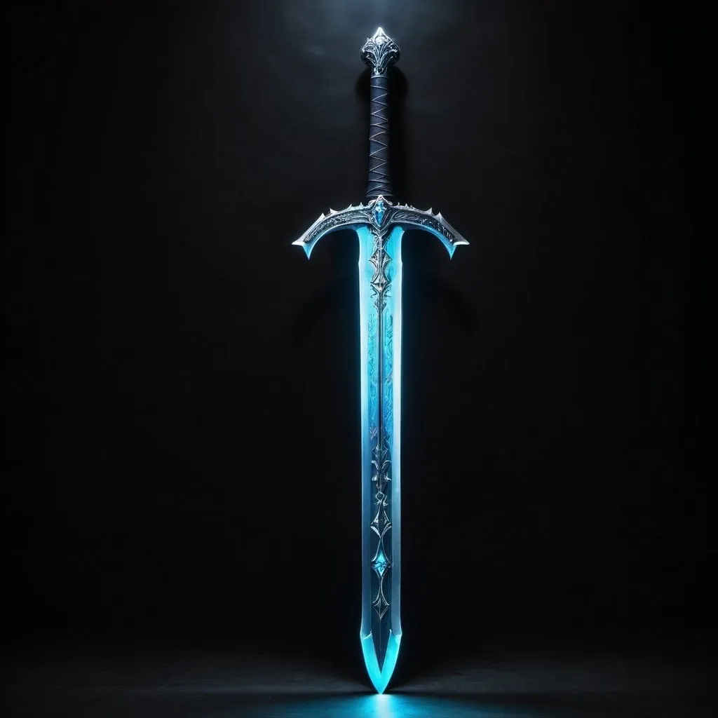 Prompt: a very long greatsword forged out of light blue steel with its' straight blade glowing from moonlight tilted on its side in a room with a black background