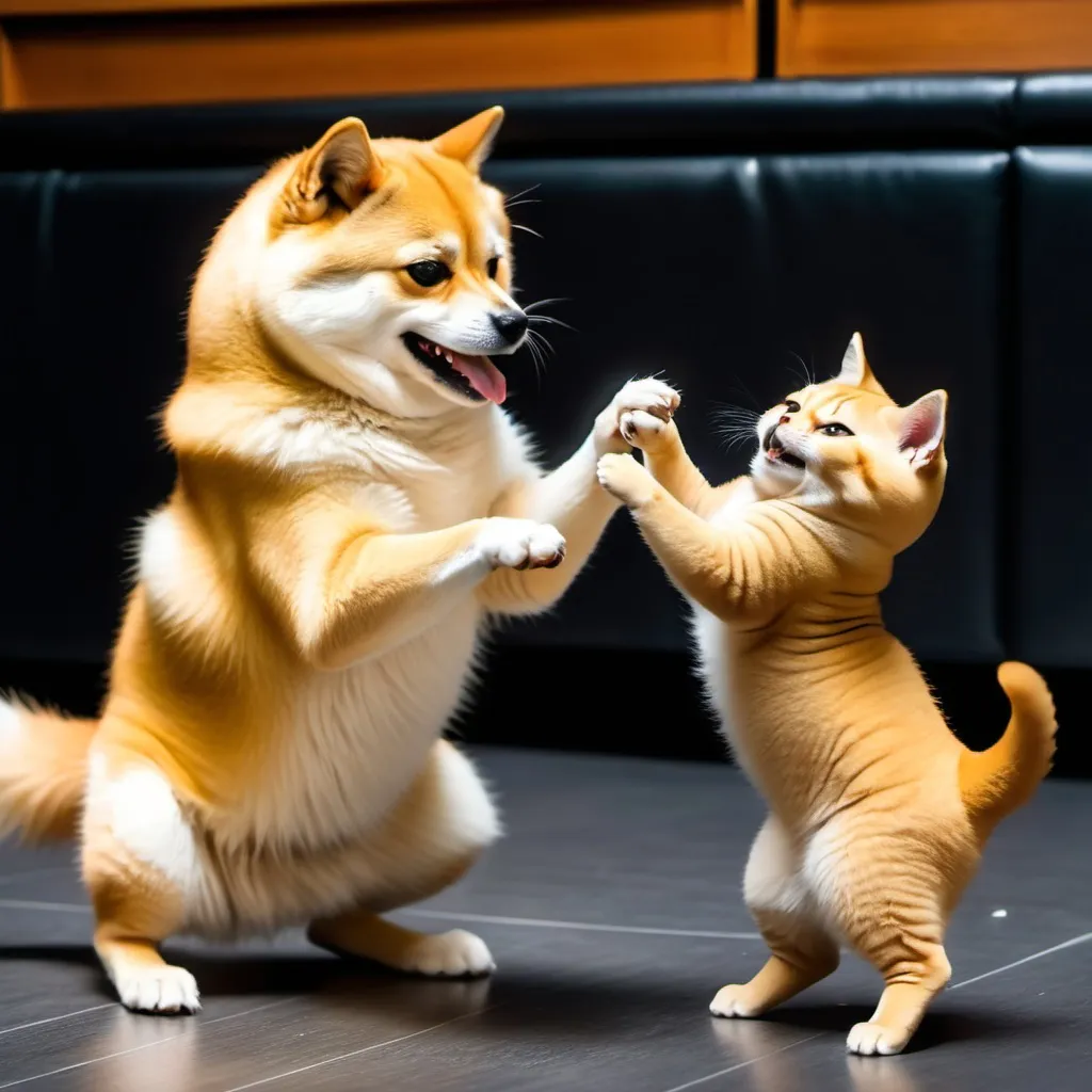 Prompt: Little cat dancing with doge