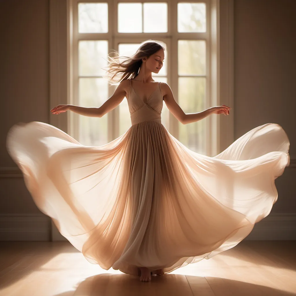 Prompt: Girl in a flowing, elegant dress, dancing gracefully with light fabric swirling around her, conveying a sense of freedom and joy. The scene bathed in soft, warm light creates an enchanting atmosphere, with a blurred, ethereal background emphasizing her graceful movements. Captured in ultra-detailed quality, this moment evokes feelings of beauty and harmony, encapsulating the elegance of dance.