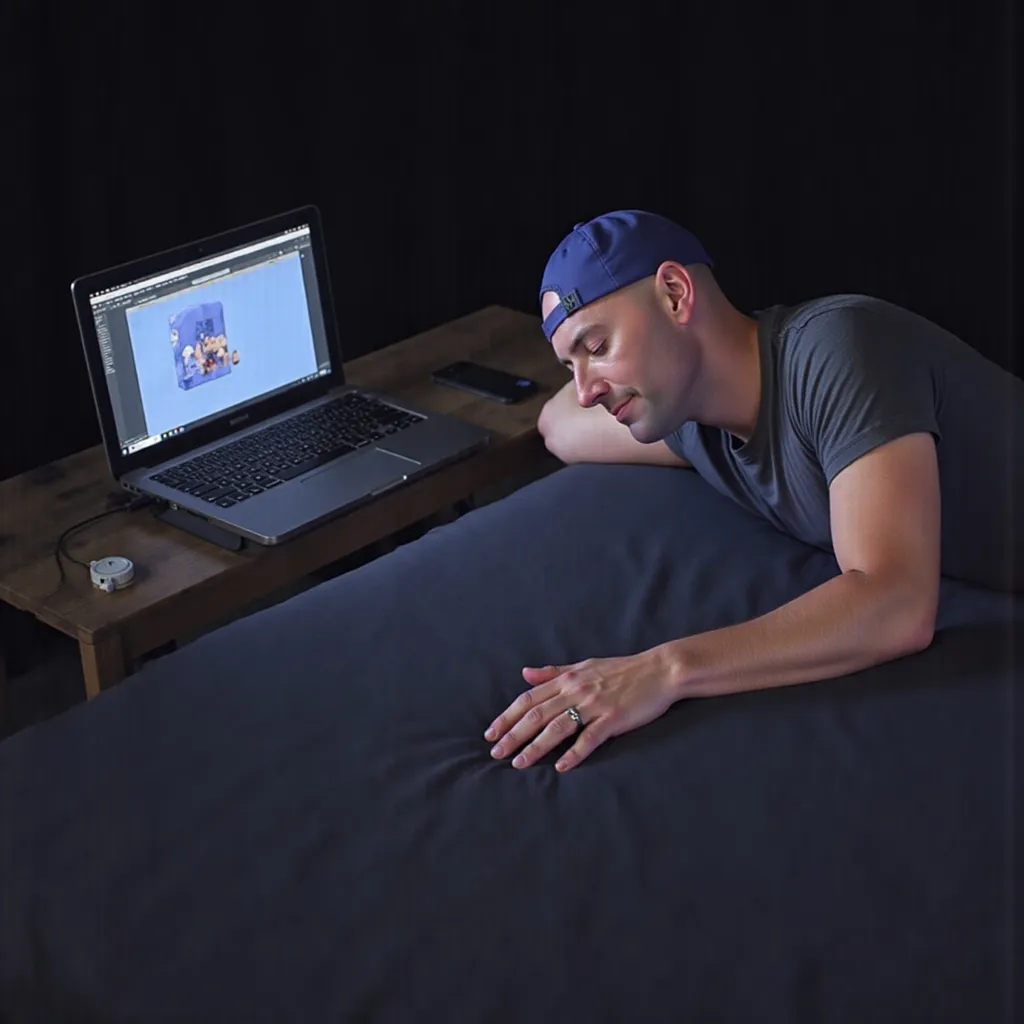 Prompt: Kornman is sleeping with a night cap on and zzz representing his dreams.  Next to him is a laptop with Photoshop open.  the room is dark but the laptop screen is illuminated.  