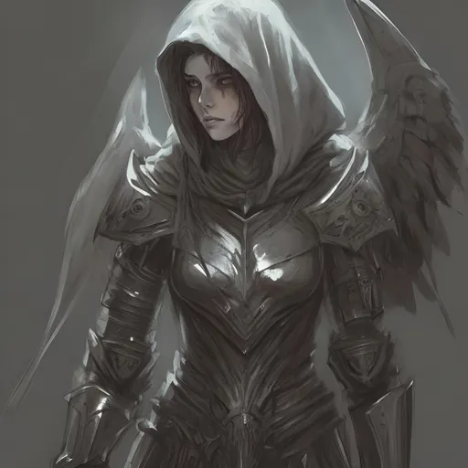 Prompt: traditional concept art, sketch, female angel, wearing hood, short curly pale hair, angular face with a scar, wearing grey plate armor, leaning against wall, medieval fantasy, leaning against wall, standing with army, battlefield, warm colors, high quality, anatomically correct