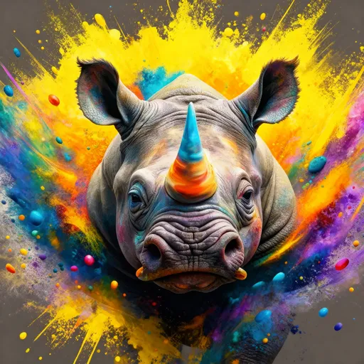 Prompt: This is a digital illustration of a rhinoceros head, depicted in a hyper-realistic style with vibrant, colorful splashes surrounding it. The rhino's skin is textured with detailed wrinkles and folds, and its horn is prominently featured in the center, colored in a gradient of blue to orange. The rhino's ears are large and slightly pointed, with a realistic texture that matches the rest of its skin. The background is a dynamic explosion of colors, including bright yellows, oranges, purples, blues, and greens, with splatters and droplets of paint radiating outward from the rhino's head, creating a sense of motion and energy. The splashes are varied in size, with some large, bold splatters and others smaller, more delicate droplets. The overall composition is balanced, with the rhino's head centered and the colorful splashes creating a vibrant, eye-catching frame around it. The use of bright colors contrasts with the realistic texture of the rhino's skin, giving the illustration a unique and striking appearance.
