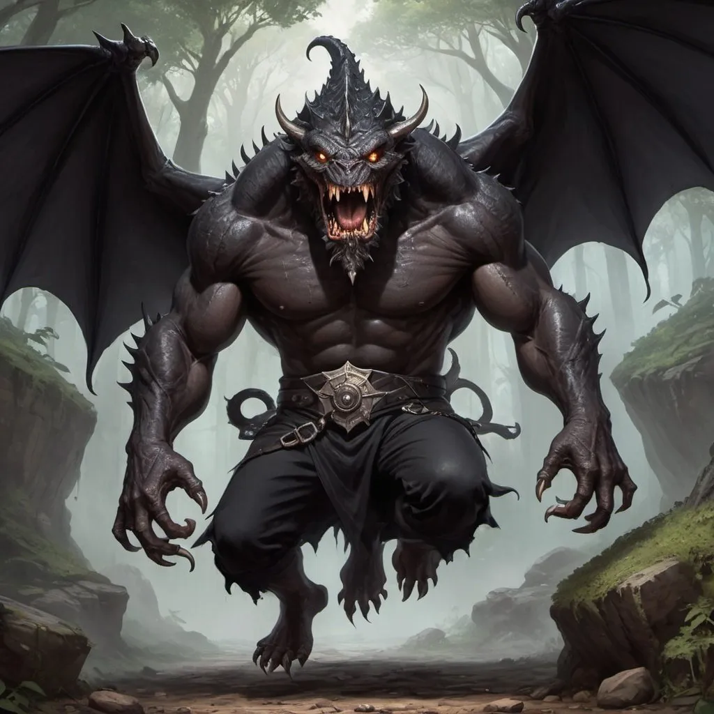 Prompt: Papacu o ladino, homem, masculino sem barba dungeons and dragons com sua roupa preta, ladino, ladrão, com duas adagas, dando um salto, matando monstro ekkimu morcego gigante e humanoide, ladrão enfiando adagas no ouvido do monstro, ladrão com roupa preta e chapéu preto, dando um salto. 
