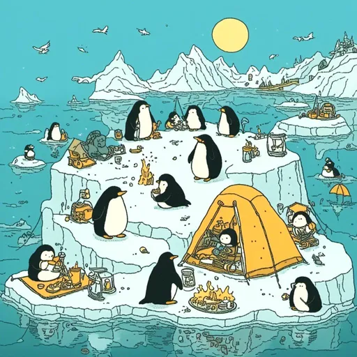 Prompt: <mymodel> Penguins camping on iceberg 