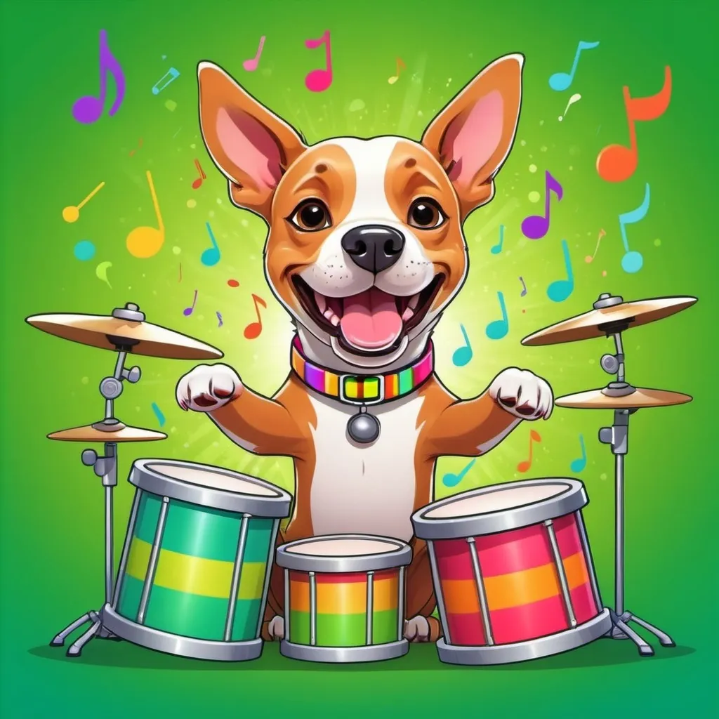 Prompt: Cartoon 2d, dog play drums, background green key