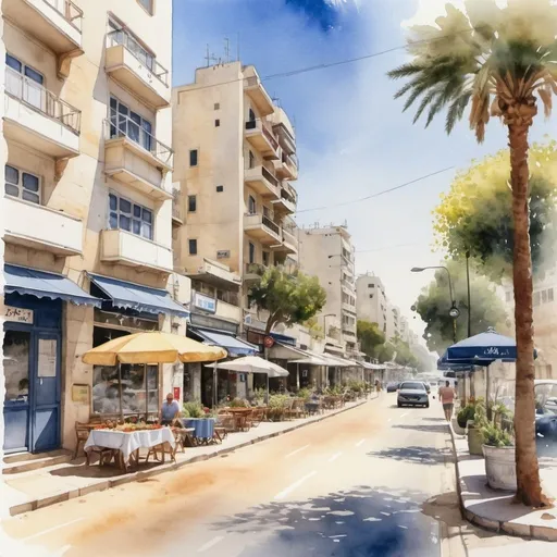 Prompt: realistic watercolor painting of tel aviv in the summertime