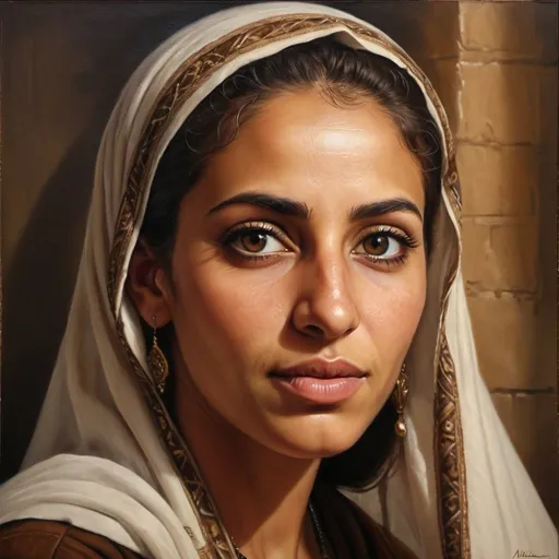 Prompt: Realistic oil painting of Mizrahi Jewish woman, dark olive skin, dark brown eyes, 850 AD Baghdad, high quality, realistic, oil painting, detailed features, historical, Middle Eastern, traditional attire, warm tones, soft lighting