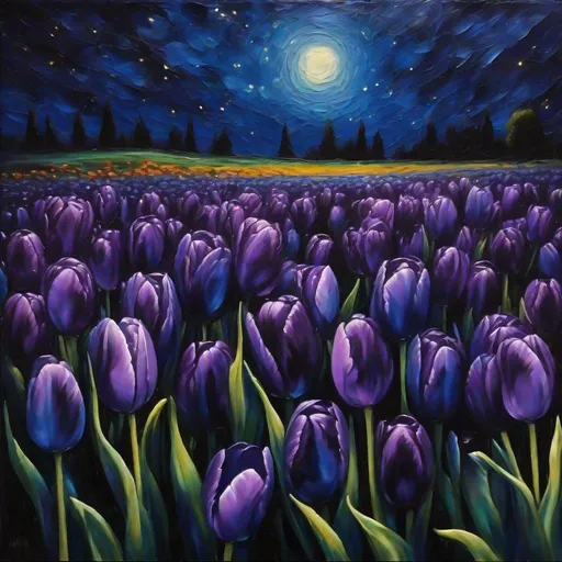 Prompt: field of various deep purple and deep blue tulips at night with a black night covered in stars, style realistic oil painting with thin impasto viewed from afar