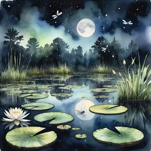 Prompt: realistic watercolor of a serene pond with a dark night, no moon in the sky, cloudy night,  lilypads in a swampy environment, many fireflies creating mosquitos and dragonflies in the air, high quality, cool-toned, atmospheric lighting, detailed reflections