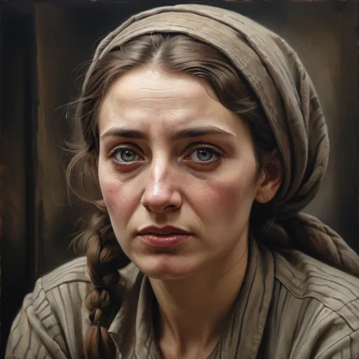 Prompt: Realistic oil painting of a Polish Jewish woman, c. 1942 Warsaw Ghetto, detailed facial features, authentic clothing, emotional expression, 4k ultra-detailed, realism, historical, oil painting, somber tones, dramatic lighting