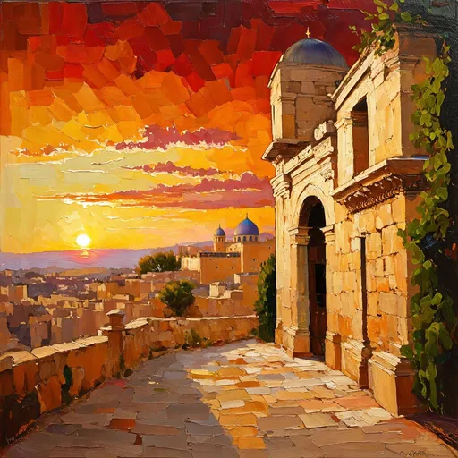 Prompt: Jerusalem at sunset, oil painting, ancient architecture, colorful sky, warm lighting, realistic, detailed brushwork, high quality, atmospheric, historical, serene ambiance, realistic style, muted sunset hues, heavy impasto, detailed, ancient, sunset, warm lighting, colorful sky, realistic, high quality, atmospheric, serene ambiance, oil painting