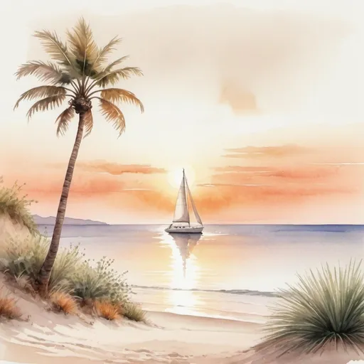 Prompt: realistic watercolor painting style image of a sailboat on the distance of a beach with a single palm tree and some shrubs, main colors used are pale yellow, deep orange, beige, white, and light pink as the sun is setting