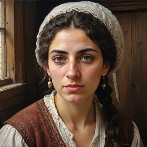 Prompt: Realistic impasto oil painting of an Ashkenazi Jewish woman in a Russian shtetl, detailed facial features, 1700s Ashkenazi attire, realistic lighting, high texture impasto, historical setting, fine art, oil painting, detailed eyes, realistic, atmospheric lighting, high texture, historical, Russian shtetl, Ashkenazi Jewish, 1700s Ashkenazi attire