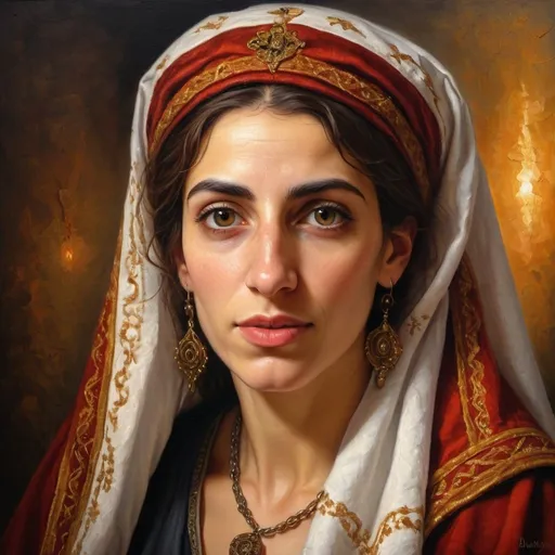 Prompt: Realistic oil painting of a Sephardic Jewish woman in 1492 Spain, impasto, detailed facial features, historical attire, authentic lighting, rich colors, high quality, realistic, impasto, Sephardic, 1492 Spain, detailed features, historical attire, authentic lighting, rich colors