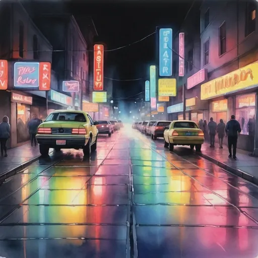 Prompt: realistic watercolor painting of blurry neon lights