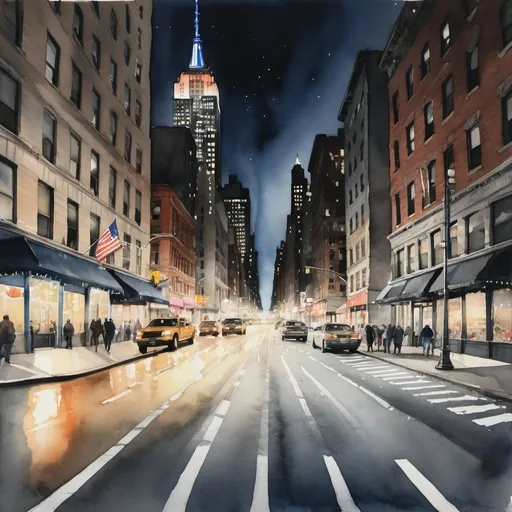 Prompt: realistic watercolor painting of long exposure photograph of traffric in new york city at night