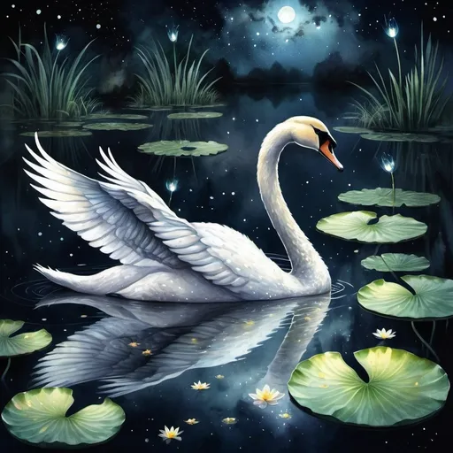 Prompt: watercolor style realistic graceful swan fainting from night sky, serene pond with fireflies, swampy environment, lotus-filled lilypads, minimal light pollution, detailed feathers and wings, high quality, surreal, mystical, cool tones, atmospheric lighting, detailed reflection, point of view aerial from above swan