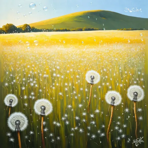 Prompt: Realistic oil painting of a field of dandelions on a distant hill, dandelion seeds blowing into the air, transforming into bubbles, high quality, detailed, realistic, oil painting, dandelion field, distant hill, blowing dandelion seeds, transforming bubbles, professional, natural lighting, soft and muted tones