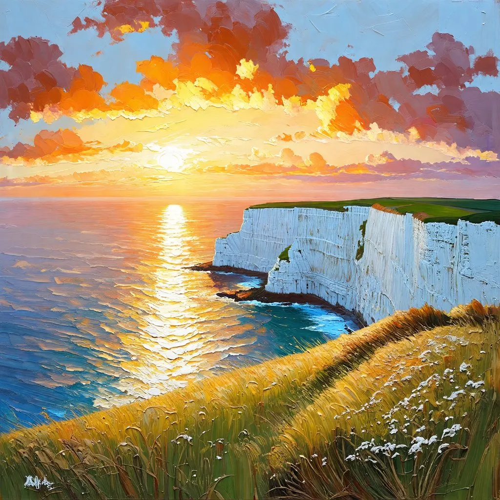 Prompt: white cliffs of dover at sunset, oil painting,colorful sky, warm lighting, realistic, detailed brushwork, high quality, atmospheric, historical, serene ambiance, realistic style, muted sunset hues, heavy impasto, detailed, sunset, warm lighting, colorful sky, realistic, high quality, atmospheric, serene ambiance, oil painting