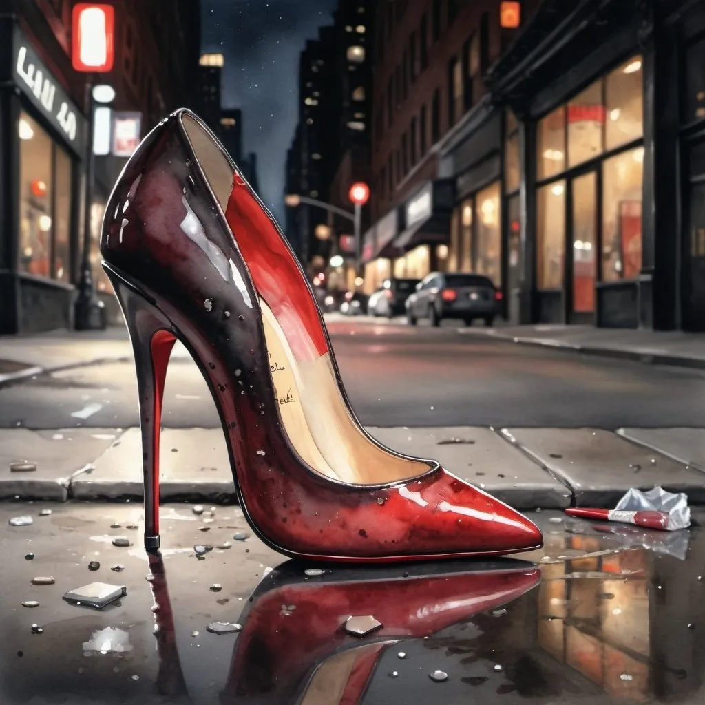 Prompt: Realistic watercolor illustration of a red-bottom stiletto Louboutin high heel lying on its side, litter-filled NYC sidewalk nighttime, muted colors, dark tones, no warm colors, detailed trash, realistic watercolor, professional, gritty urban setting, highres, atmospheric lighting, no warm tones, dirty sidewalk, cityscape, worn out, city lights