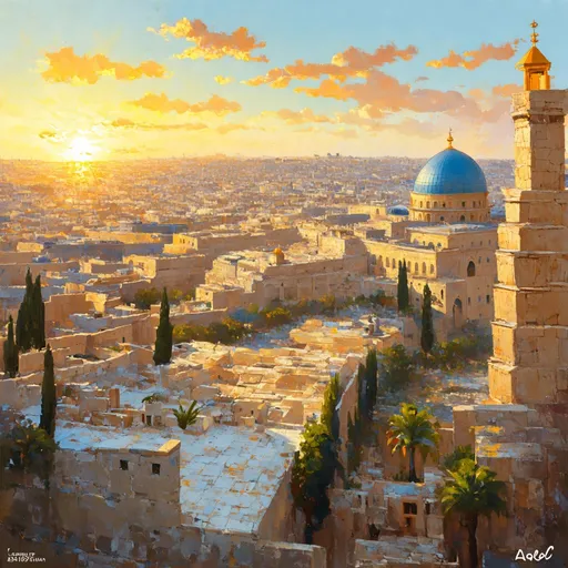 Prompt: Sunset over the ancient city of Jerusalem, vibrant colors, golden light illuminating the historic architecture, detailed textures, highres, oil painting, warm tones, atmospheric lighting, historical setting