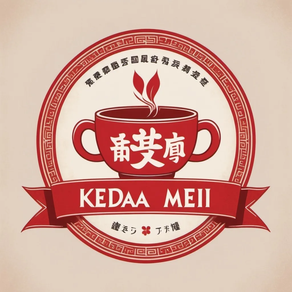 Prompt: PrCreate a vintage-style logo in red, inspired by traditional Japanese design. The logo should feature two hands holding small cups, similar to the one in the reference image, symbolizing a toast. Above the hands, place a banner with the text "KEDAI ANGGUR MEI" in capital letters. Use Japanese kanji characters around the logo to add an authentic touch, but make sure they are balanced and symmetrical. Include a ribbon banner at the top and bottom of the design, similar to the reference image. Make the overall style intricate, with a hand-drawn, vintage feel, and ensure that the design has a traditional yet modern aesthetic.