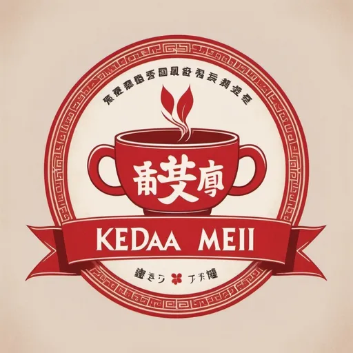 Prompt: PrCreate a vintage-style logo in red, inspired by traditional Japanese design. The logo should feature two hands holding small cups, similar to the one in the reference image, symbolizing a toast. Above the hands, place a banner with the text "KEDAI ANGGUR MEI" in capital letters. Use Japanese kanji characters around the logo to add an authentic touch, but make sure they are balanced and symmetrical. Include a ribbon banner at the top and bottom of the design, similar to the reference image. Make the overall style intricate, with a hand-drawn, vintage feel, and ensure that the design has a traditional yet modern aesthetic.